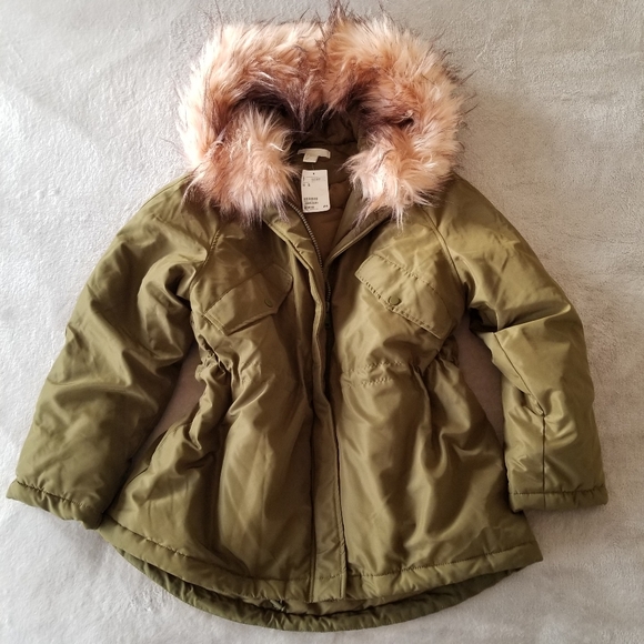 ⭐HP⭐H&M Khaki Green Padded Parka with Faux Fur Hood Trim NWT - Picture 3 of 16